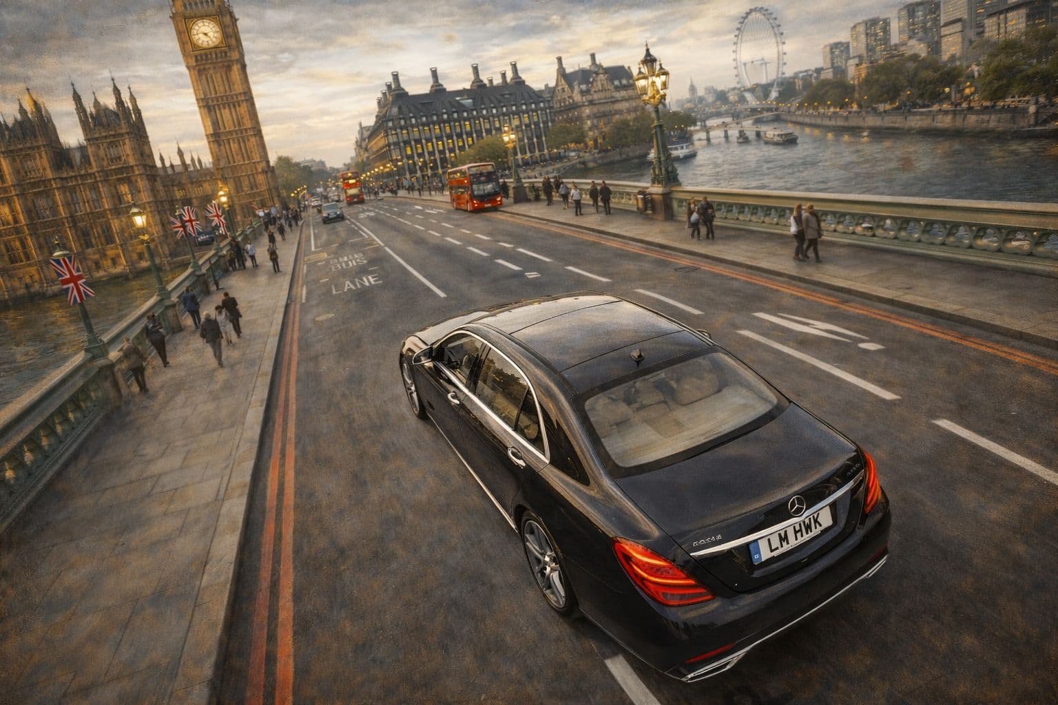 Mercedes S-Class crossing Westminster Bridge, London