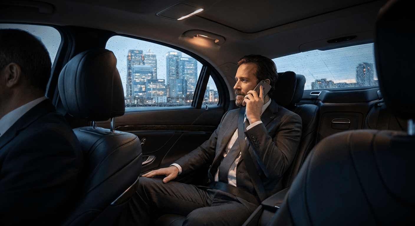 Executive in chauffeured car at Canary Wharf at dusk