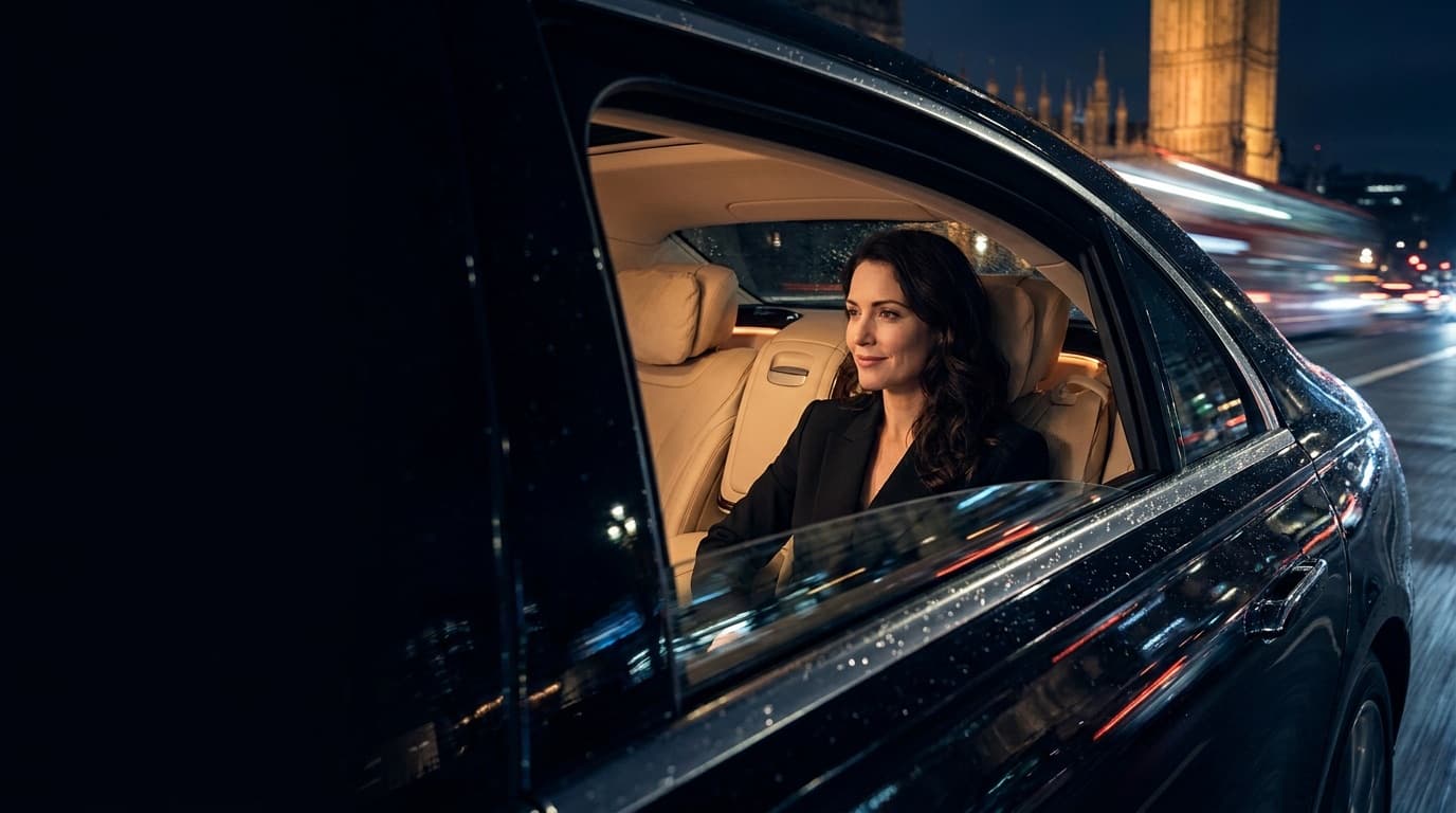 A passenger in the back of a LimoHawk car at night, passing Westminster